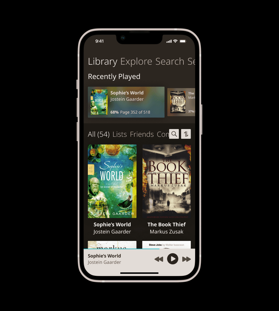 the home page of an audiobooks app in dark mode