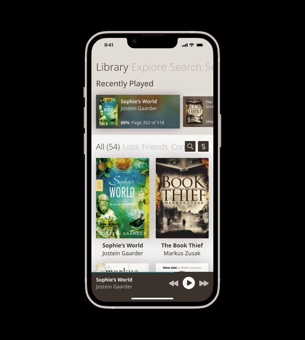 the home page of an audiobooks app in light mode