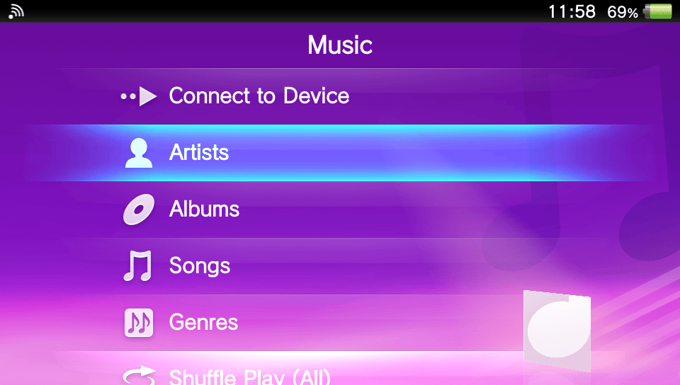 screenshot of the main menu of the default music player